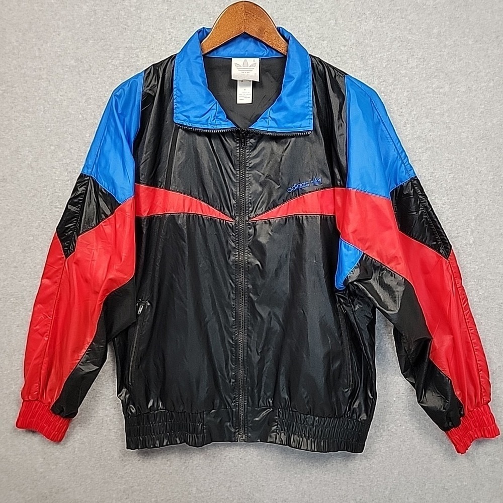 VTG Adidas Jacket Mens Medium Blue Black Retro Colorblock Windbreaker Bomber 90s